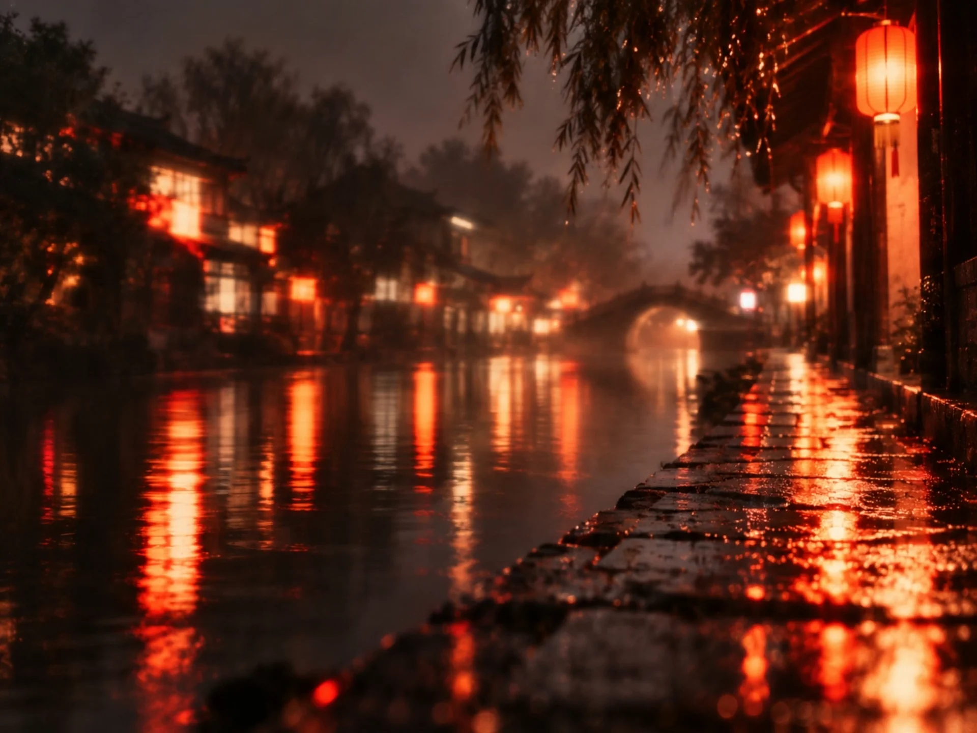 雨夜水岸与灯影的现场参考影像